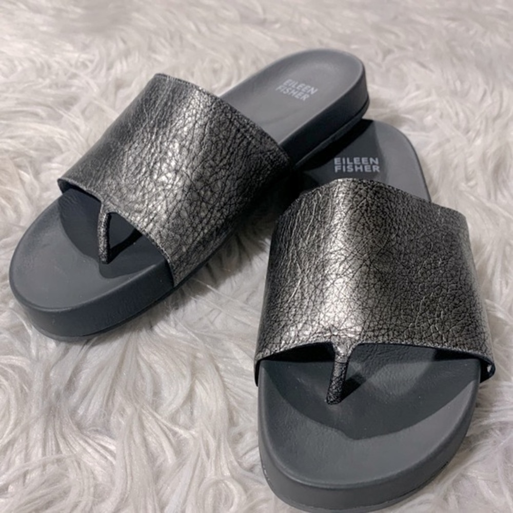 EILEEN Fisher motion slides sandals Pebbled leather in antique silver NWOT